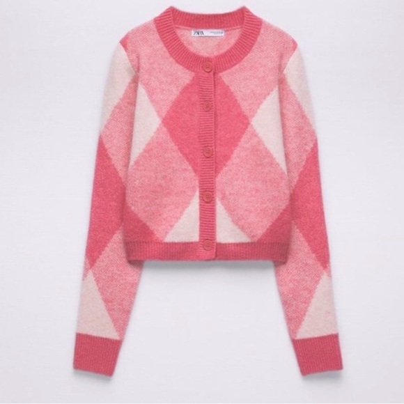 NWT Zara Argyle Crop Cardigan, Pink Jacquard Knit | Sz M - Picture 2 of 6